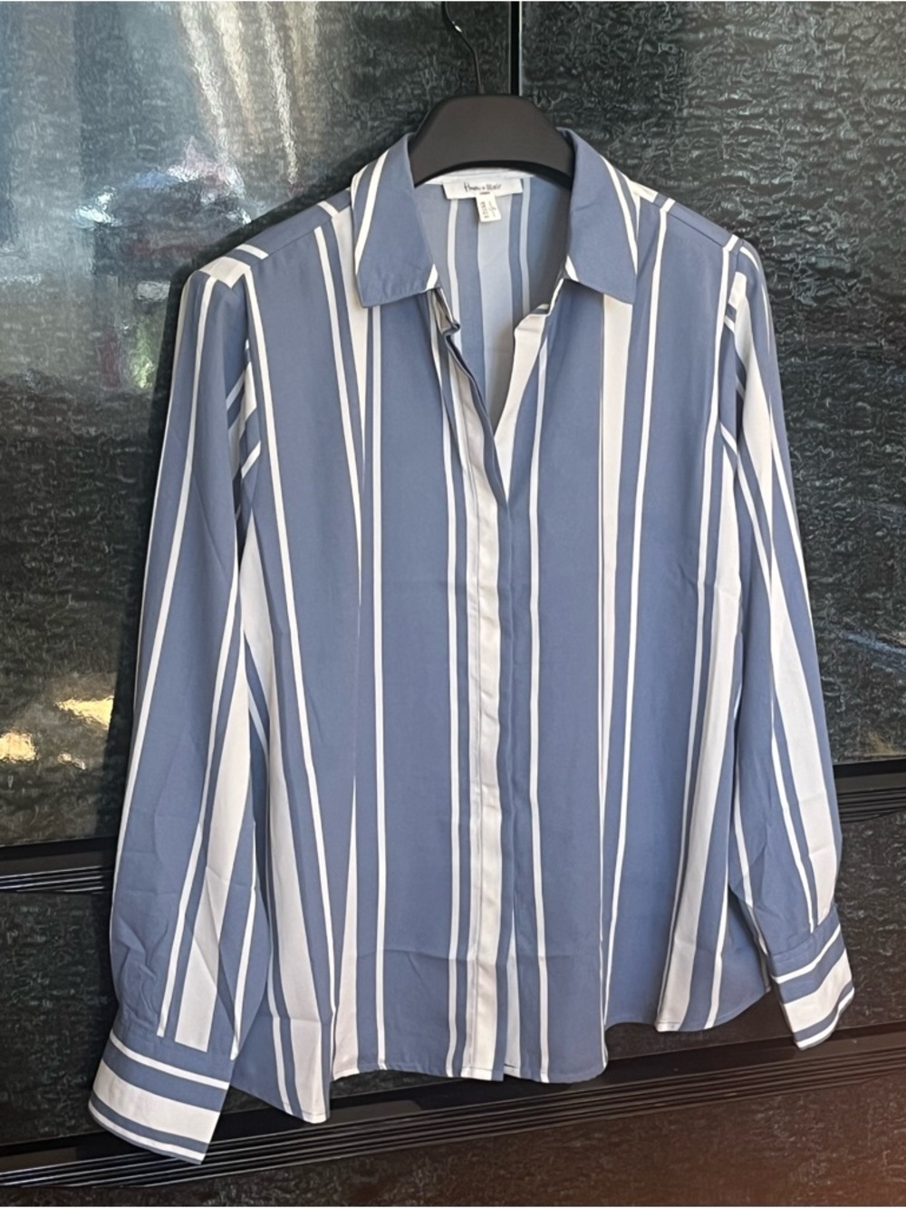 Haven+Blair Women’s Blue and White Vertical Stripe Button-Up Top